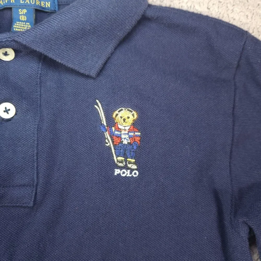 Ralph Lauren Youth Small (8) Skiing Bear Navy Blue Polo Long Sleeve Collared